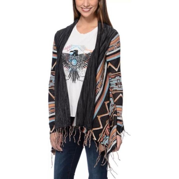 Billabong Dream Chaser Aztec Southwestern Boho Fringe Hem Cardigan Sweater Small - Picture 2 of 14